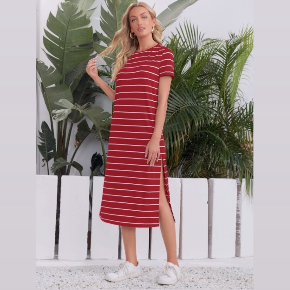SHEIN split hem t shirt midi stripe dress red white medium red white NWT.
